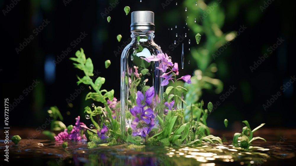 A bottle of perfume with flowers inside. Volumetric lighting, Flowers, Petals, Grass, Plants, Leaves. Perfume inside different flowers wreath. Aromatherapy elegance luxury perfume A bottle of perfume with flowers inside. Volumetric lighting, Flowers, Petals, Grass, Plants, Leaves. Perfume inside different flowers wreath. Aromatherapy elegance luxury perfume