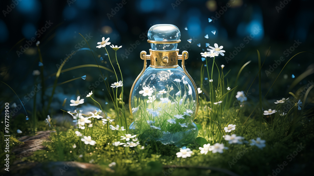 A bottle of perfume with flowers inside. Volumetric lighting, Flowers, Petals, Grass, Plants, Leaves. Perfume inside different flowers wreath. Aromatherapy elegance luxury perfume A bottle of perfume with flowers inside. Volumetric lighting, Flowers, Petals, Grass, Plants, Leaves. Perfume inside different flowers wreath. Aromatherapy elegance luxury perfume