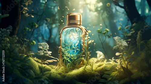 A bottle of perfume with flowers inside. Volumetric lighting, Flowers, Petals, Grass, Plants, Leaves. Perfume inside different flowers wreath. Aromatherapy elegance luxury perfume