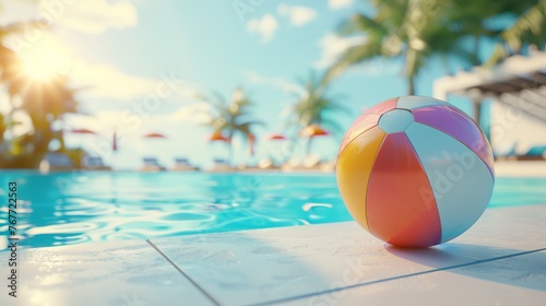inviting tropical pool scene with a vibrant beach ball in sunlight
