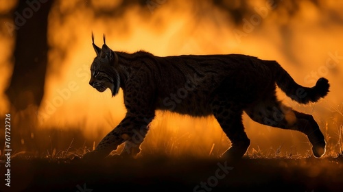 Lynx on the hunt  fast movement  ground level  dusk light  dramatic silhouette   digital photography
