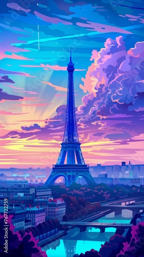 Eiffel Tower standing tall in a colorful illustrated Paris sunset