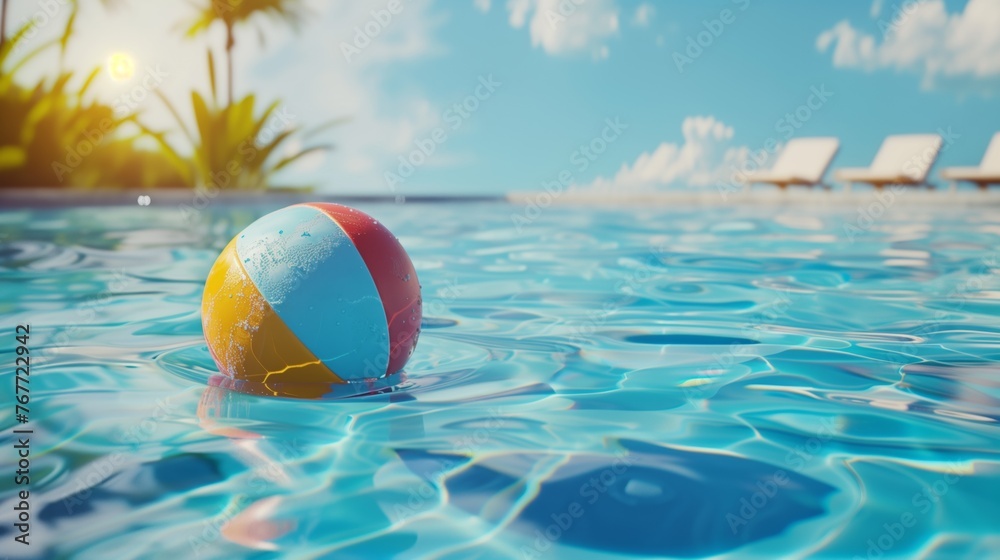 vacation vibes with inflatable ball near clear blue swimming pool