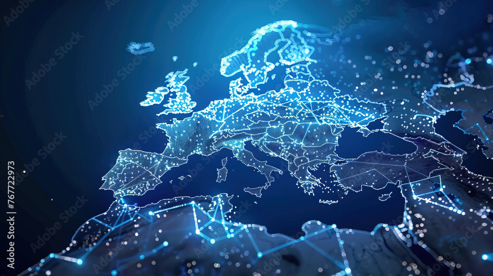 Fototapeta premium Abstract digital map of Western Europe, concept of European global network and connectivity, data transfer and cyber technology, information exchange and telecommunication. Digital maps for business