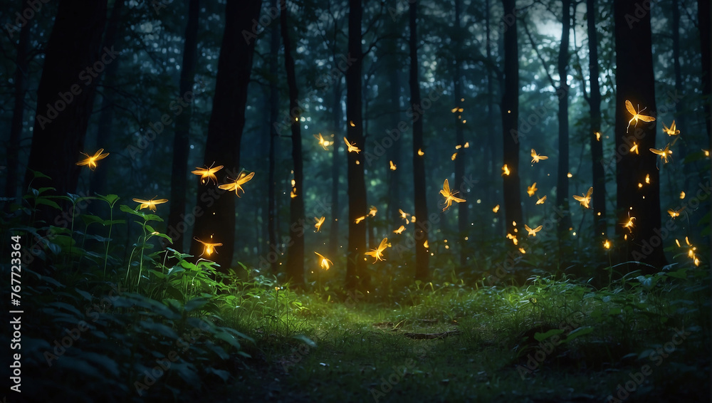 A glowing butterfly in a dark forest at night with many fireflies.