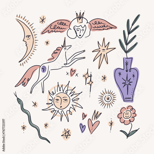Boho funny groovy whimsical cute stylish freaky cool funny doodle stellar characters. Hand-drawn set of crescent moon, angel, unicorn space horse, sun with face, comets and sacred heart and vase