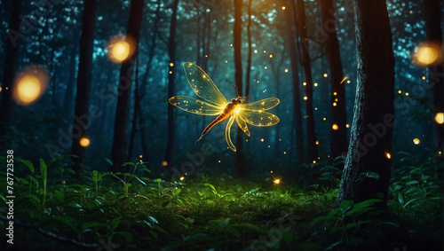A glowing butterfly in a dark forest at night with many fireflies. photo