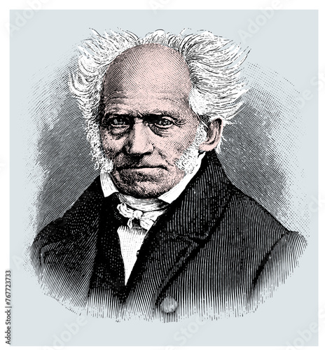 vector colored old engraving portrait of famous philosopher Artur Schopenhauer. Engraving is from Meyers Lexicon published 1914 in Leipzig photo