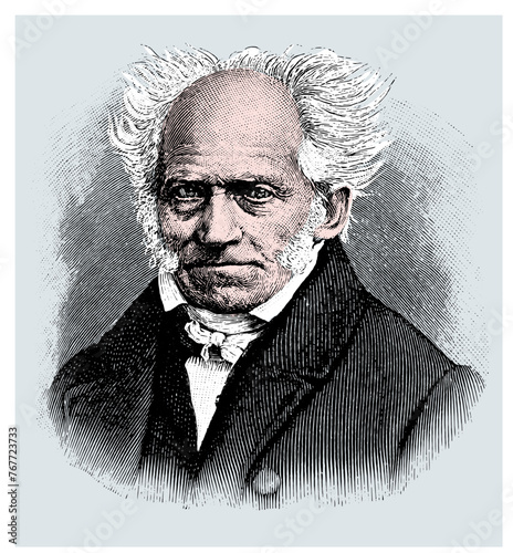 vector colored old engraving portrait of famous philosopher Artur Schopenhauer. Engraving is from Meyers Lexicon published 1914 in Leipzig