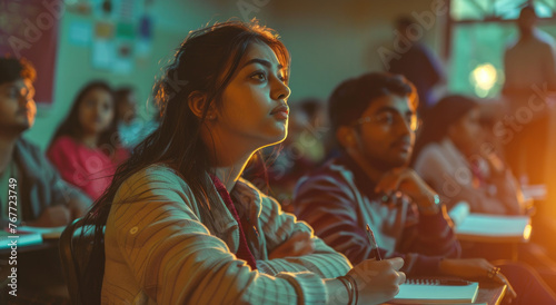 Indian female student sitting in the back row  listening to her teacher and taking notes on their notepads during class at university where other students sit in front with green desks