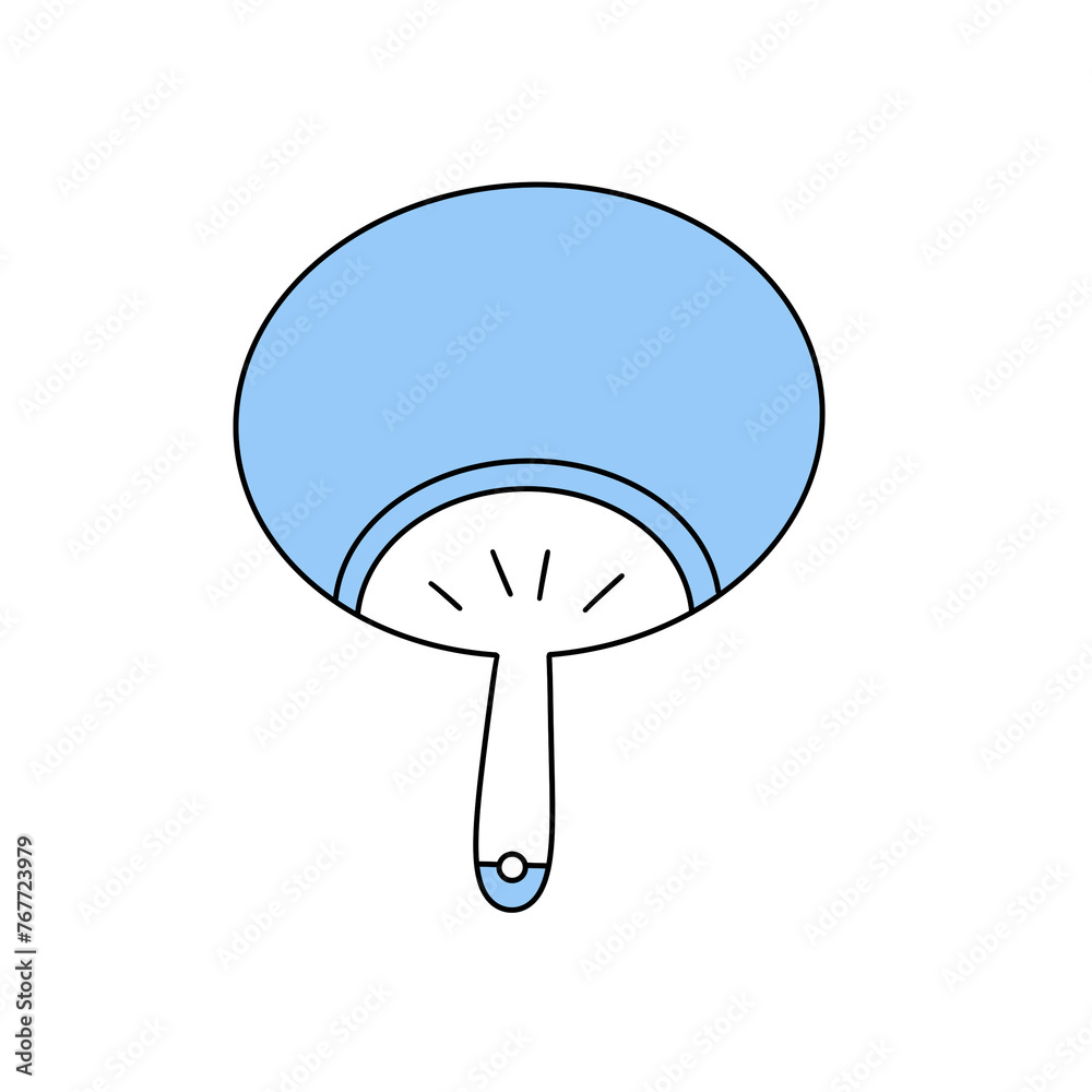 A blue fan with a white handle. The fan is drawn in a cartoon style A blue fan with a white handle. The fan is drawn in a cartoon style