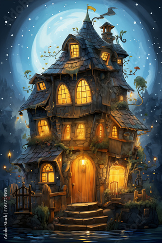 Illustration of a fairytale house with a lot of details. Tales of European peoples. Halloween. Generative AI tools