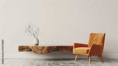 A contemporary living space featuring a wooden coffee table, an orange armchair photo