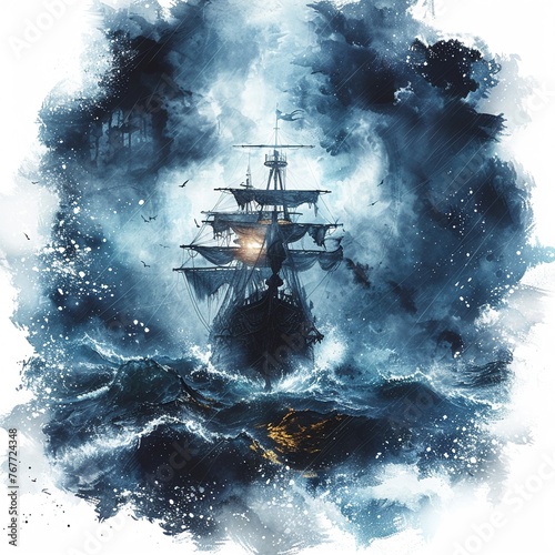 A dramatic rendering of a stormy night at sea, with a lone pirate ship navigating through towering waves, its silhouette against the tumultuous watercolor sky, isolated on white to capture the bravery