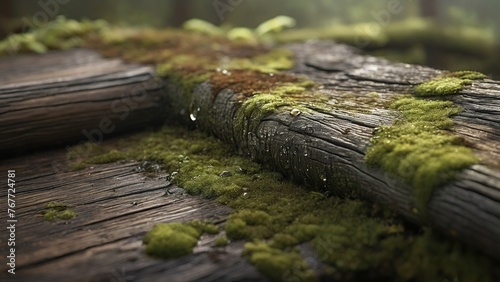 Marvel at the intricate beauty of nature as chunks of wood become canvases for the lush green moss to weave its delicate tapestry across the forest floor.
