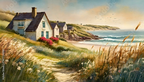 house on the lake.a vintage-inspired nature poster wall art capturing the timeless charm of a coastal scene, with quaint seaside cottages nestled among windswept dunes and waving grasses. Infuse the c