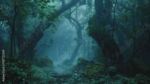 A mystical forest shrouded in mist  where ancient trees twist and intertwine  creating hidden pathways that lead to secret glades and forgotten ruins.   