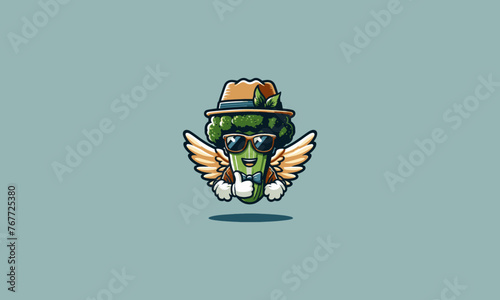 broccoli wearing sun glass and hat vector mascot design