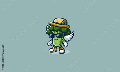 broccoli wearing sun glass and hat vector mascot design