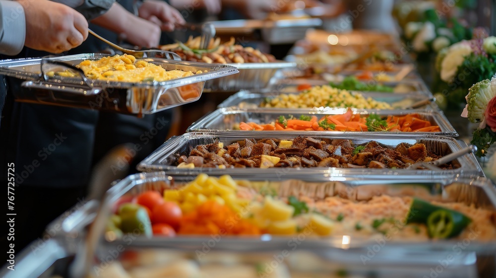 A vibrant buffet spread with a variety of delicious dishes, garnished and ready to be served at an event.
