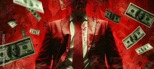Red suit politician business with money dollar. Money laundry and corrupt concept. Generative AI technology.