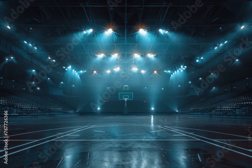 Empty basketball arena stadium sports ground with flashlights and fan sits photo