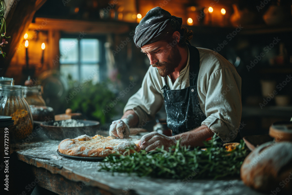 Handsome bearded man in apron making pizza in the kitchen