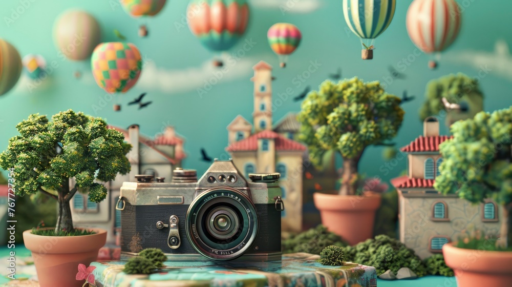A camera on the table, surrounded by miniature buildings and trees.