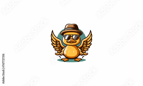 character duck wearing sun glass and hat vector logo design