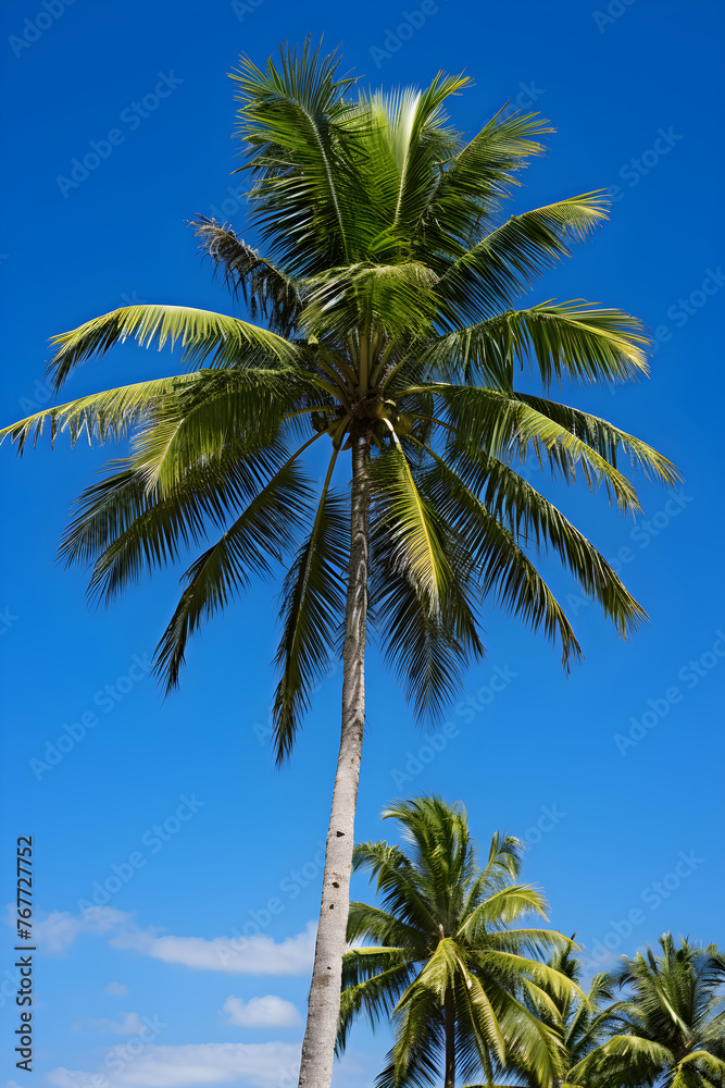A Serene Composition of Lonely Coconut Tree Under the Blue Sky: A Contrast of Green, Brown and Blue