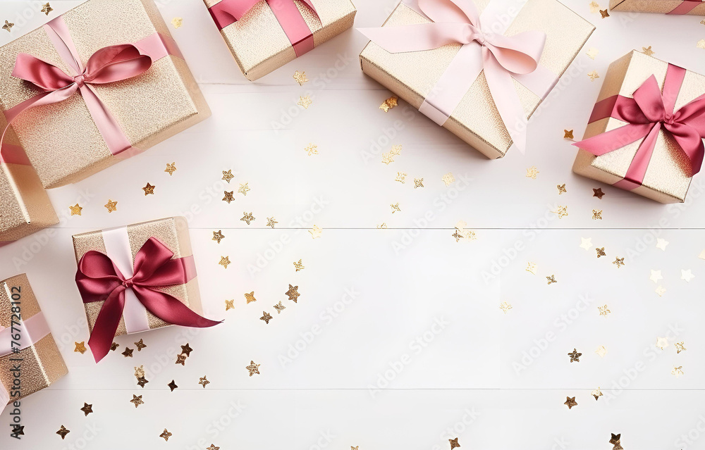 white, beige and pink gift boxes with tape bow on white wooden t white, beige and pink gift boxes with tape bow on white wooden t