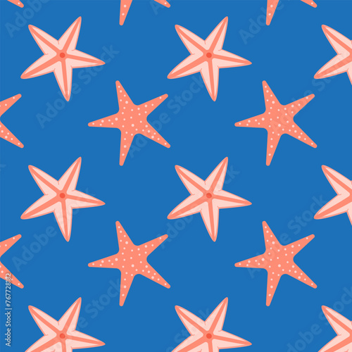 Seamless pattern of starfish on blue background. Vector illustration 