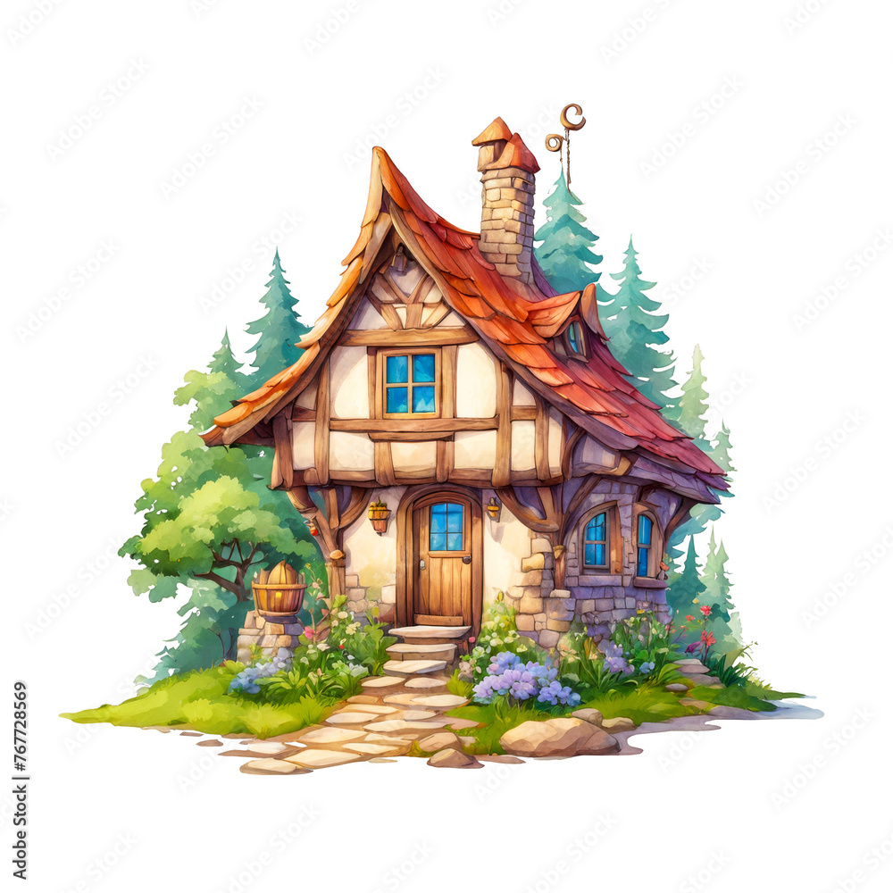 A fairy tale cottage house in forest, watercolor illustration, clipart, architecture, in nature, trees, fantasy style, for kids picture book, craft, project, scrapbook, cutout on white background
