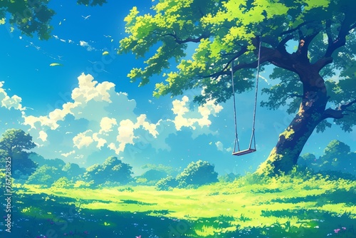 Swing in forest, anime wallpaper, nature