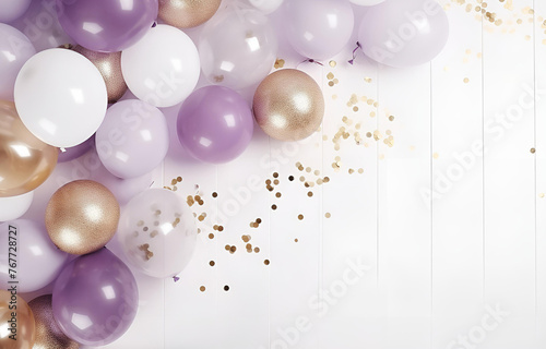 pastel white, beige, lilac and golden balloon with glitter on wh