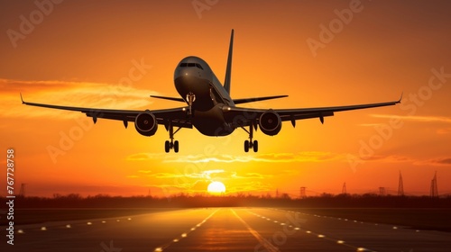 Commercial Airplane Landing at Sunset