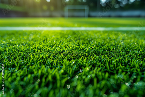 Detailed Texture of Football Field, Close-up View of Turf Grass and Field Markings