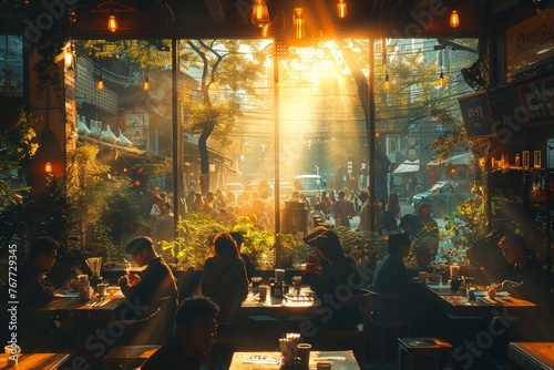 Fototapeta Naklejka Na Ścianę i Meble -  cozy ambiance of a blurred coffee shop or cafe restaurant, with abstract light creating a dreamy background atmosphere.