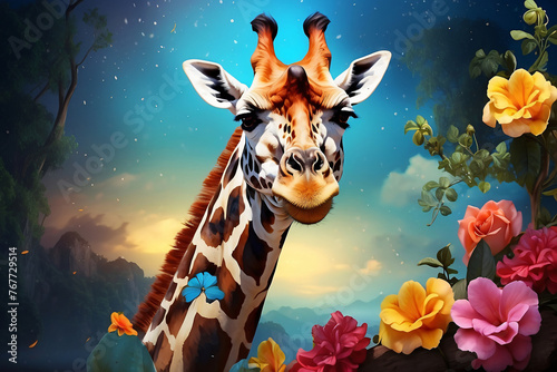 giraffe with colorful fantasy background