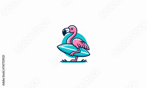 flamingo hold surfing board on beach vector logo design