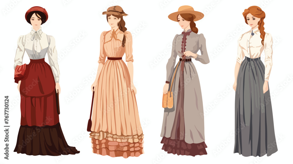 Victorian Farm Girls Flat vector isolated on white background