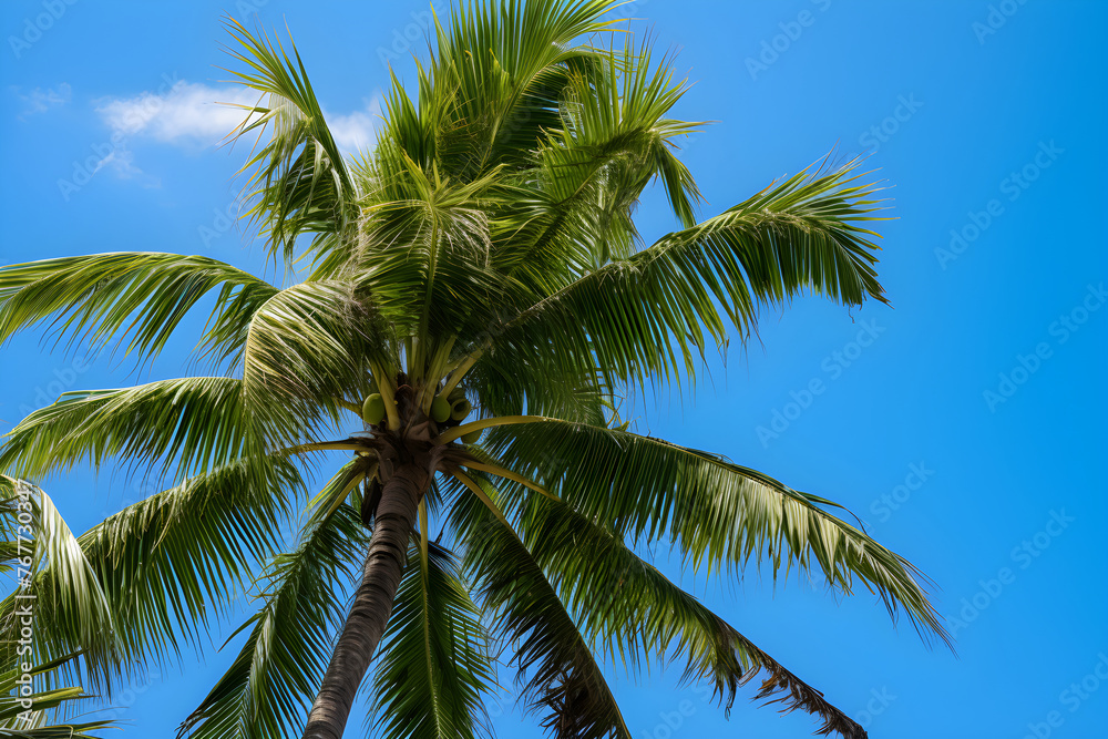 A Serene Composition of Lonely Coconut Tree Under the Blue Sky: A Contrast of Green, Brown and Blue