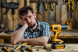 Frustrated Handyman Examines Broken Drill on Cluttered Workbench in Workshop