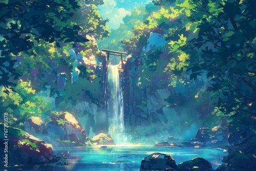 Waterfall in a forest, wallpaper, anime-style