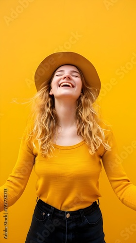 Joyful and Confident Woman in Bright Yellow Outfit on Sunny Background
