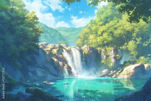 Waterfall in a forest  wallpaper  anime-style