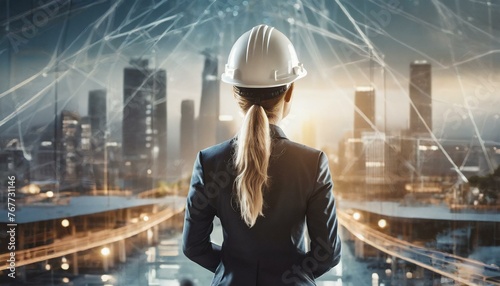 Building the Future: Back View of Female Construction Engineer