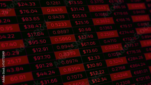 Stock markets down numbers on illustrated red table screen background. Concept of financial recession, business crisis and economic collapse.