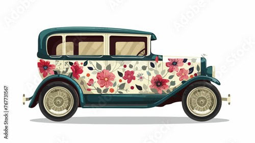Vintage Floral Car Flat vector isolated on white background