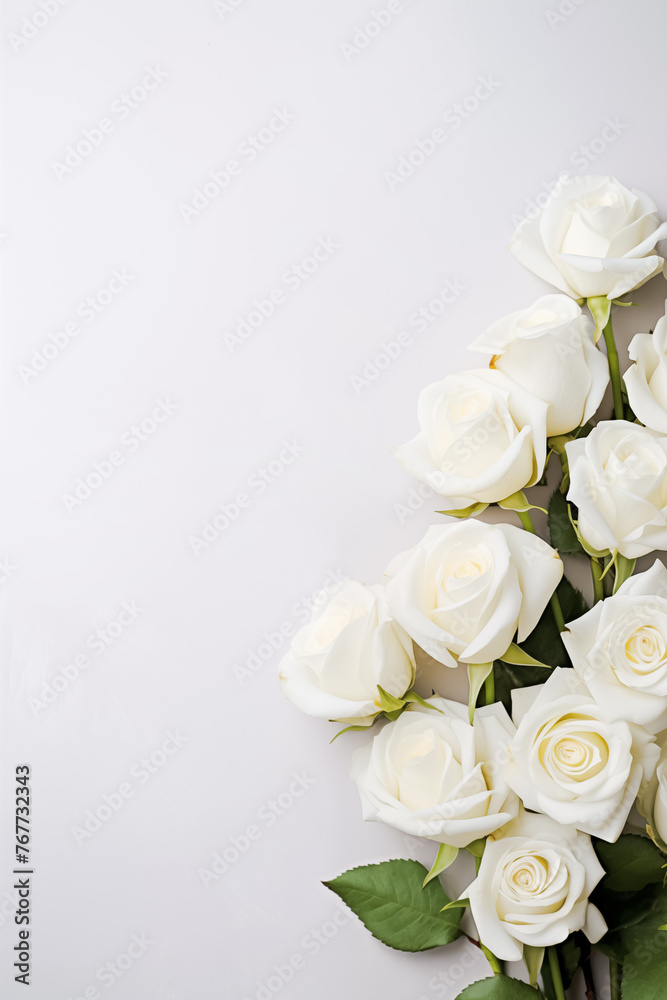 Beautiful white rose bouquet isolated on background, aesthetic romantic wedding design, copy space